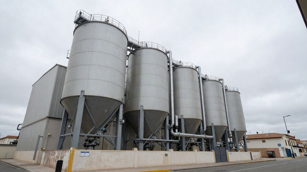 Imagen ilustrativa: vista en ángulo bajo de una instalación industrial genérica con silos y tuberías bajo un cielo nublado