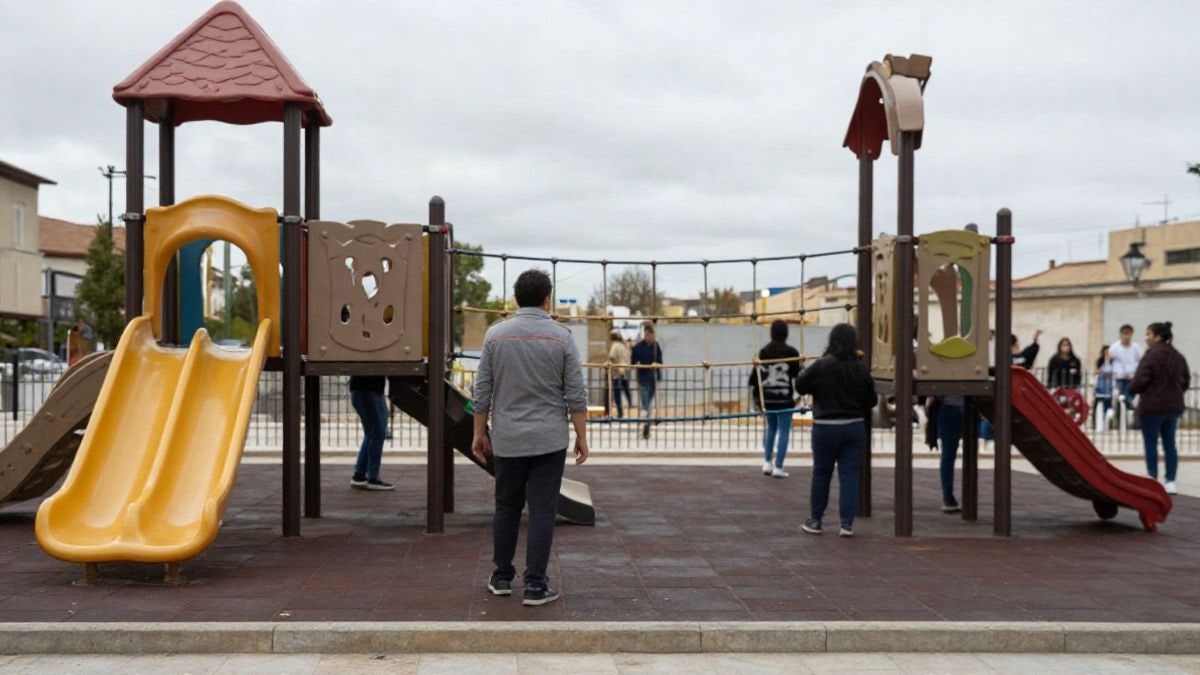 Imagen ilustrativa: parque infantil renovado con estructuras de juego y cielo nublado al fondo