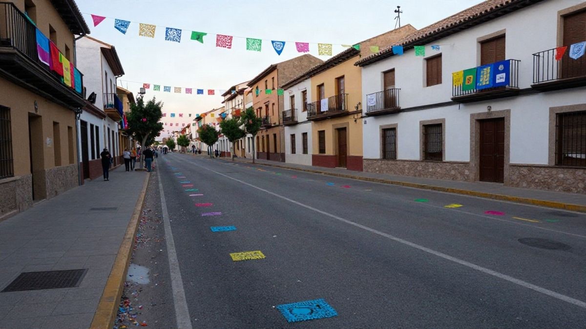 Imagen ilustrativa: una calle española decorada con guirnaldas y confeti, preparada para un desfile, sin personas reconocibles.
