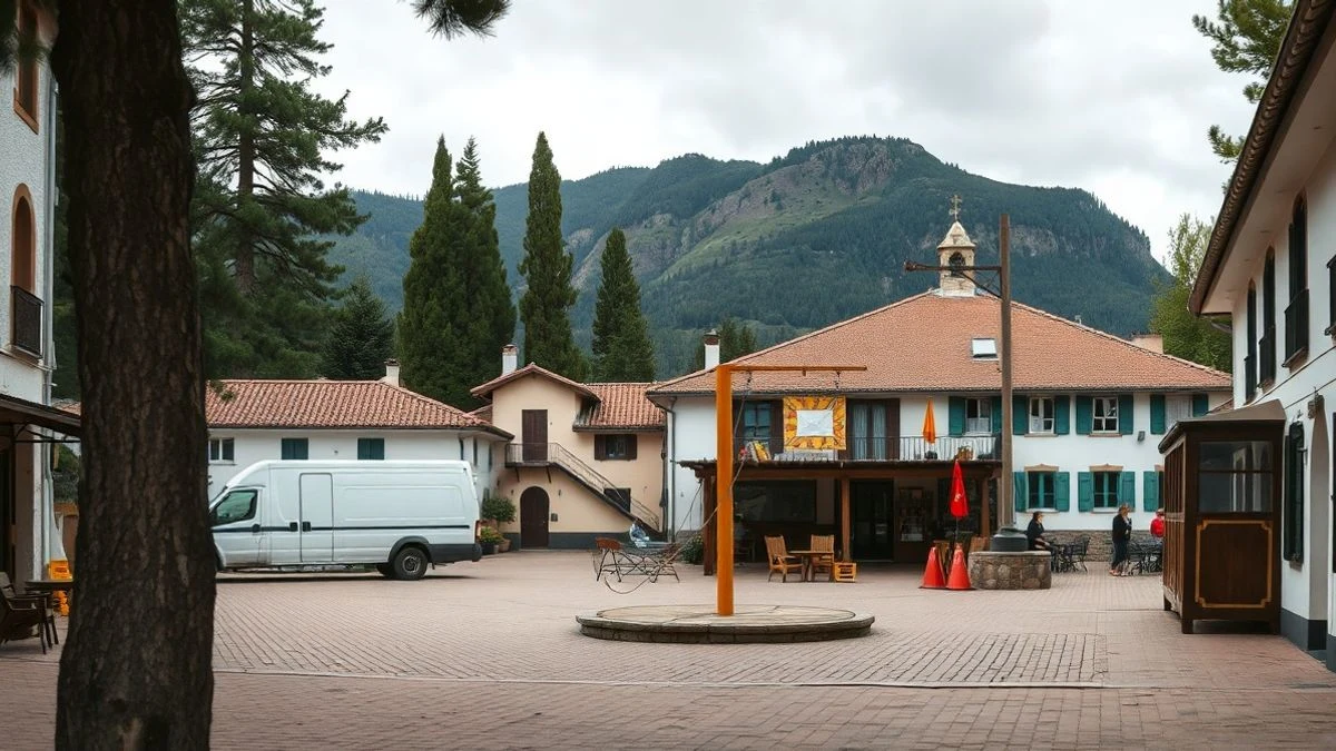 Illustrative image: village square in a mountain setting with climbing wall and zip line in the background, surrounded by pines and mountains