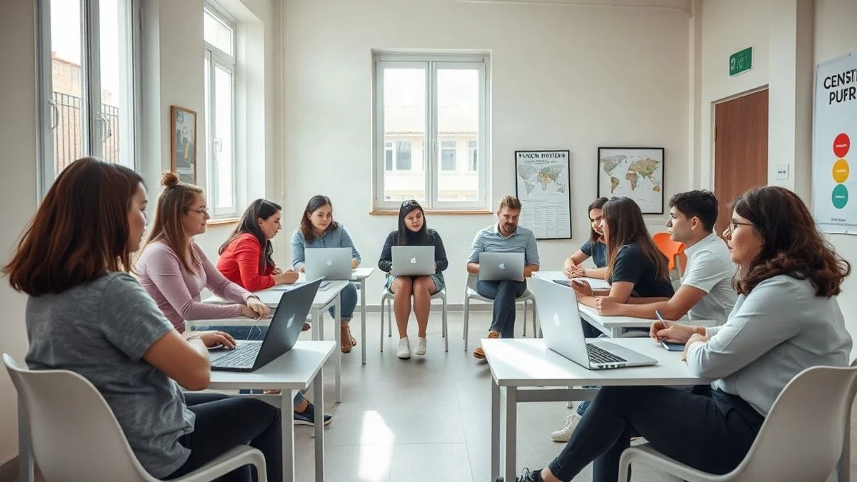 Imagen ilustrativa: grupo de jóvenes de espaldas en un taller en una sala municipal luminosa.