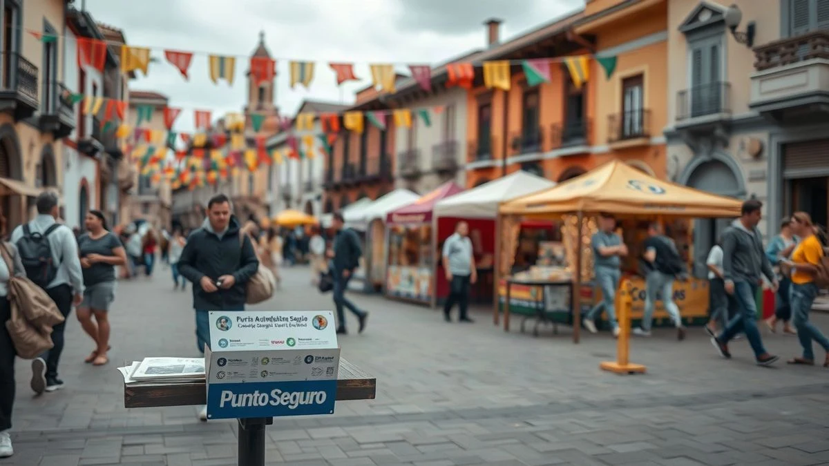 Imagen ilustrativa: un punto de información con folletos en una plaza durante unas fiestas populares, con adornos y ambiente festivo de fondo.