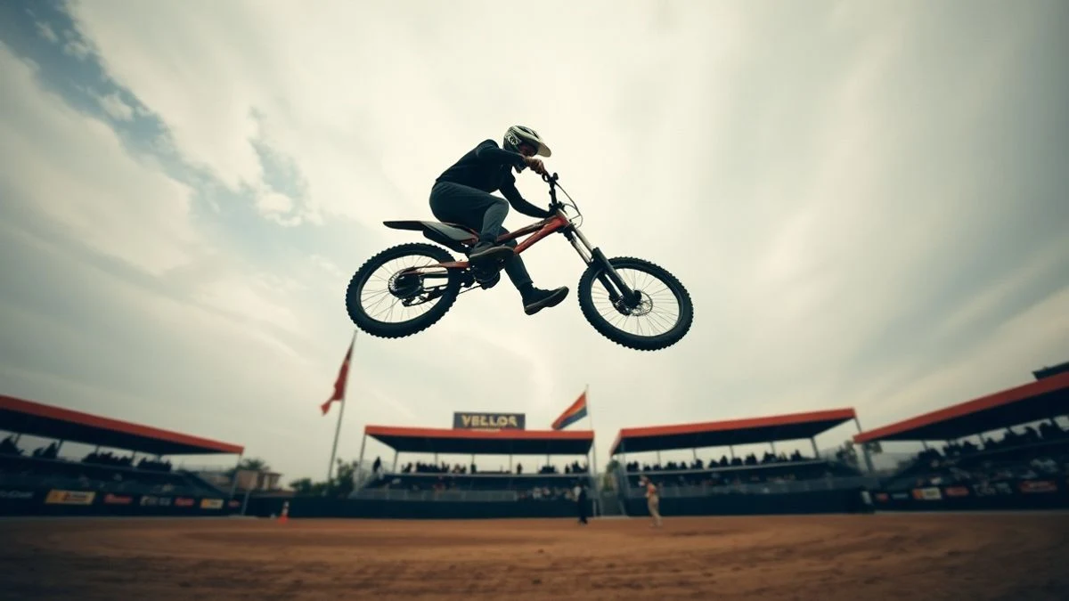 Imagen ilustrativa: un piloto de motocross realizando un salto acrobático sobre una plaza de toros, visto desde un ángulo bajo con el cielo de fondo.