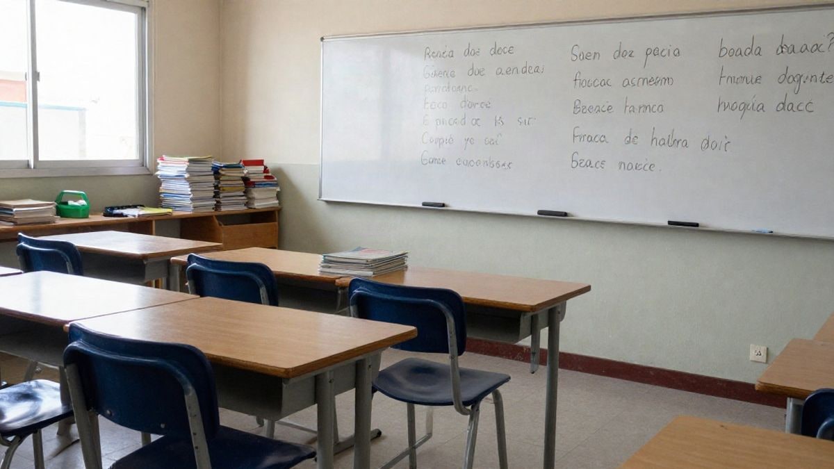 Imagen ilustrativa: aula de idiomas con sillas y mesas vacías y libros de texto sobre una mesa