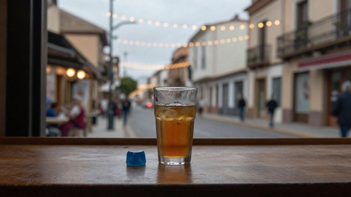 Illustrative image: a soft drink glass on a bar with a blue gel kit next to it and festive lights in the background.