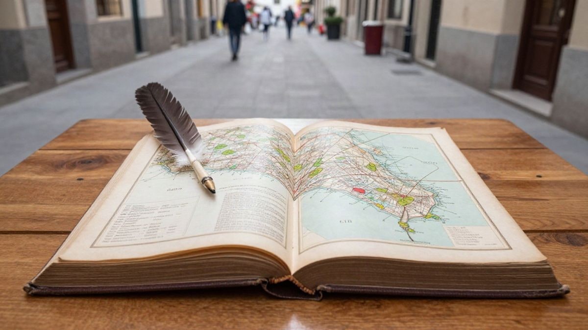 Imagen ilustrativa: vista cenital de un libro antiguo abierto con pluma y mapa de Madrid sobre una mesa de madera.