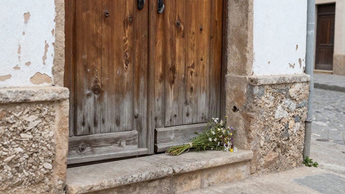 Imagen ilustrativa: detalle de una puerta de madera desgastada con flores silvestres en el umbral de piedra