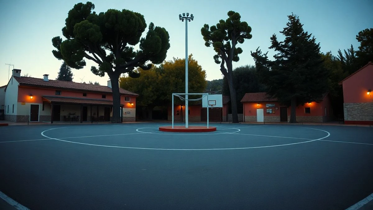 Imagen ilustrativa: pista deportiva al aire libre con una pértiga de circo, en un entorno rural al atardecer.