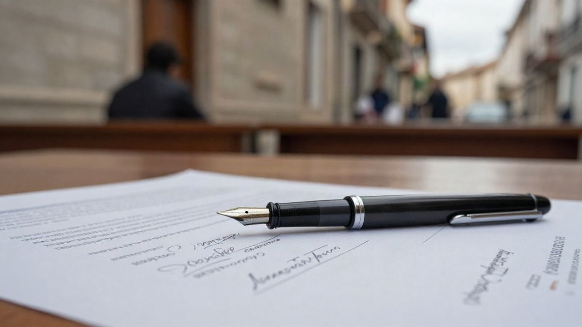Imagen ilustrativa: primer plano de un bolígrafo sobre un documento firmado en una mesa de despacho