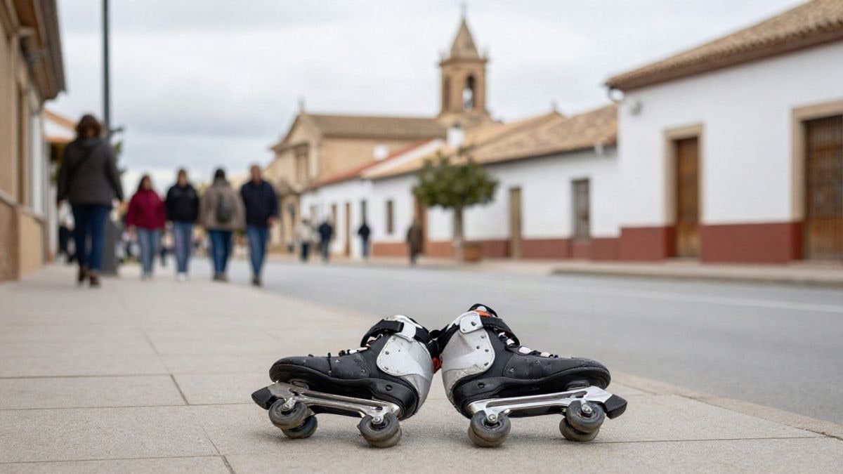 Imagen ilustrativa: patines y protecciones sobre una acera de un pueblo