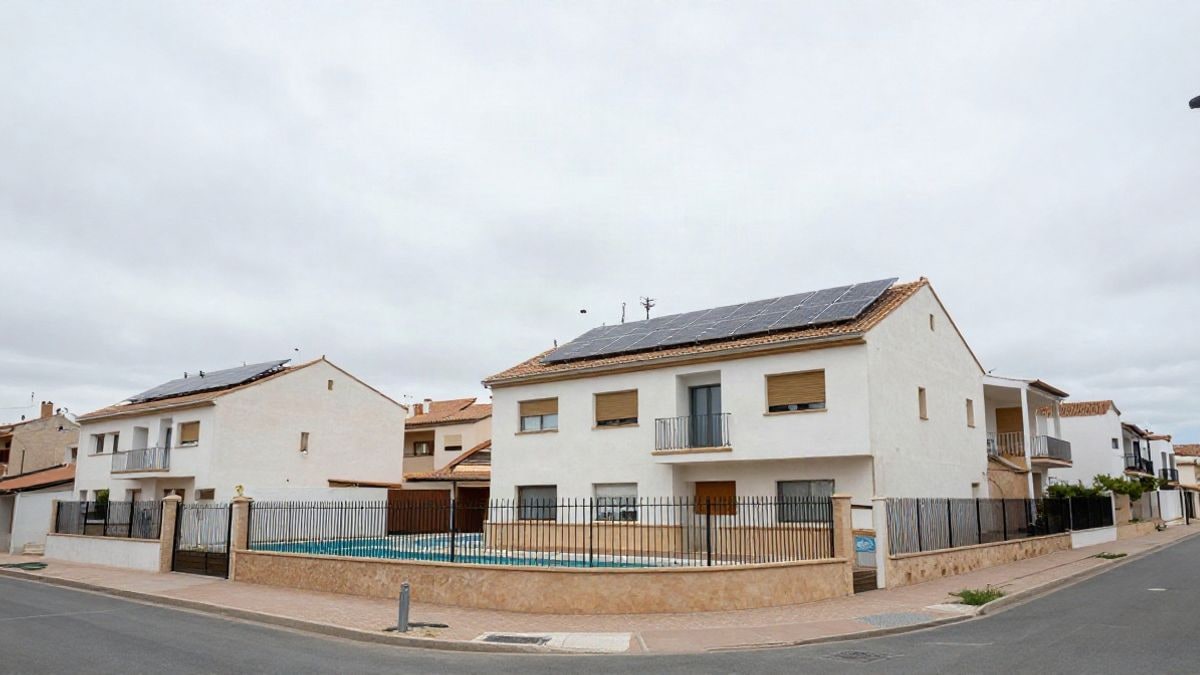 Imagen ilustrativa: fachada de un complejo residencial moderno con placas solares y zonas comunes