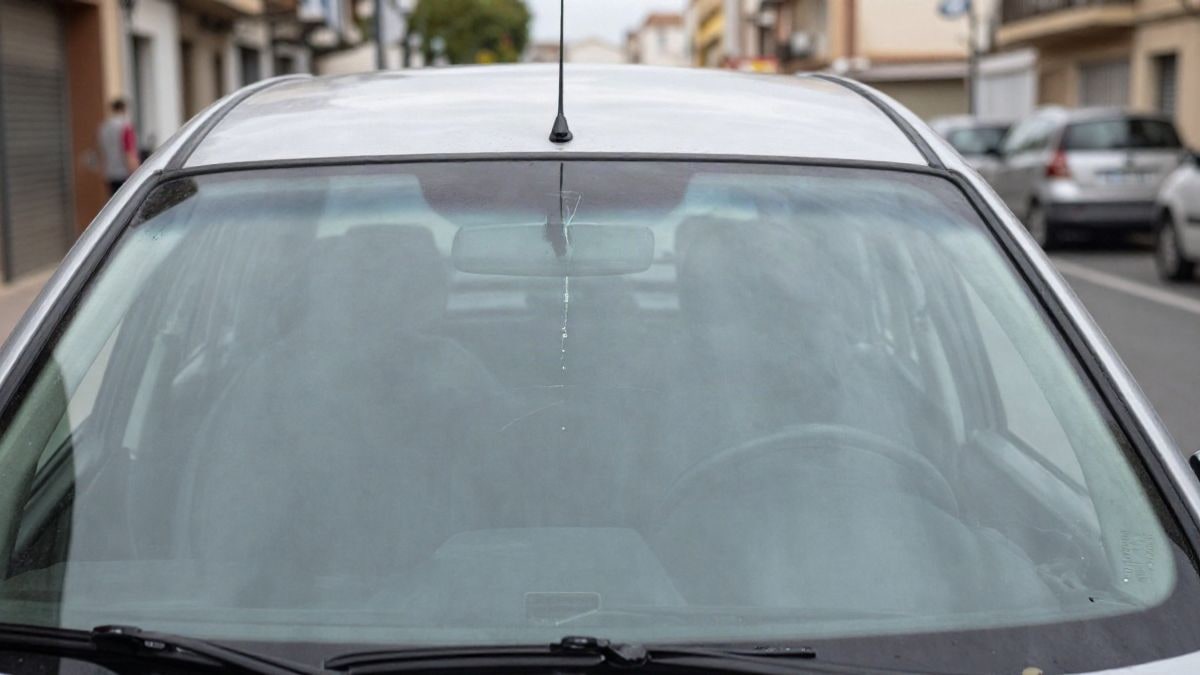 Imagen ilustrativa: parabrisas de un coche con una grieta en una calle residencial.