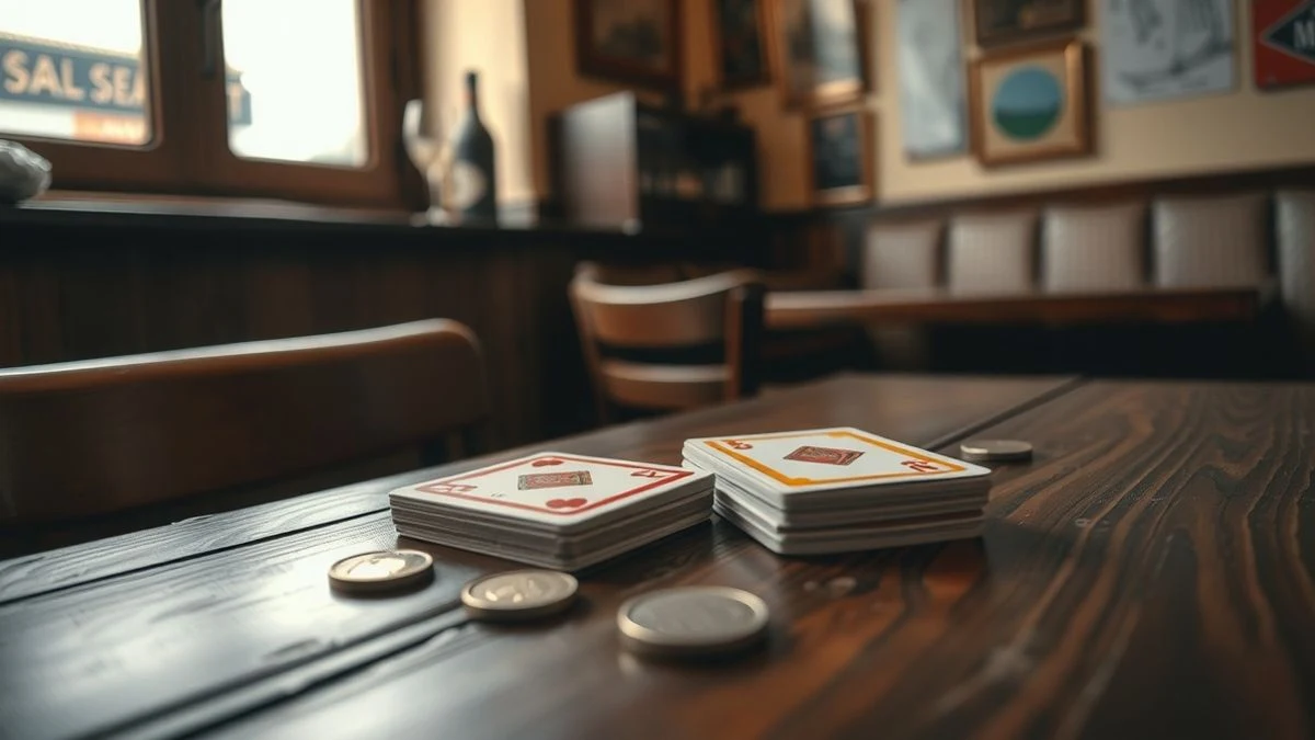 Imagen ilustrativa: cartas de la baraja española sobre una mesa de madera, con fichas de juego.