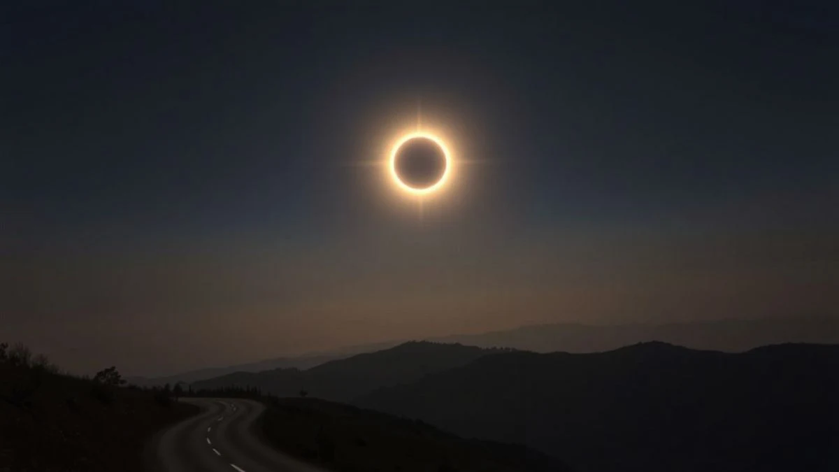Imagen ilustrativa: un eclipse solar parcial visto desde una colina rural, con el sol parcialmente cubierto por la luna y un paisaje oscurecido.
