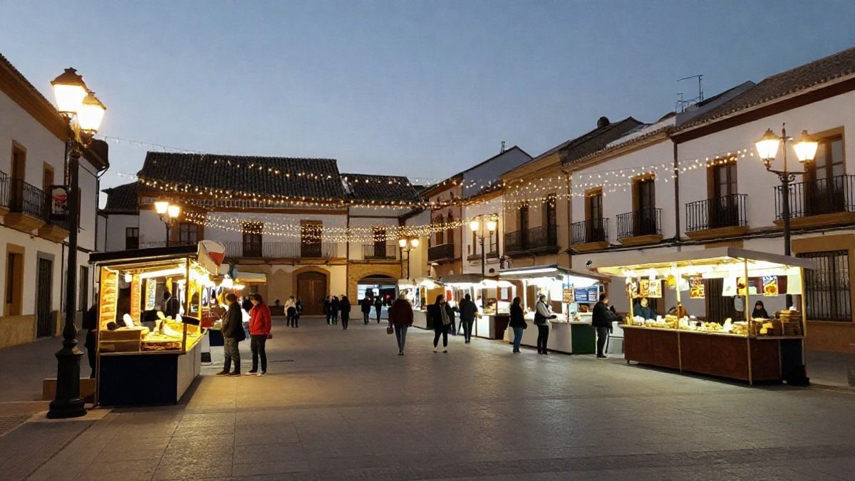 Imagen ilustrativa: plaza de un pueblo con casetas de feria iluminadas y luces nocturnas