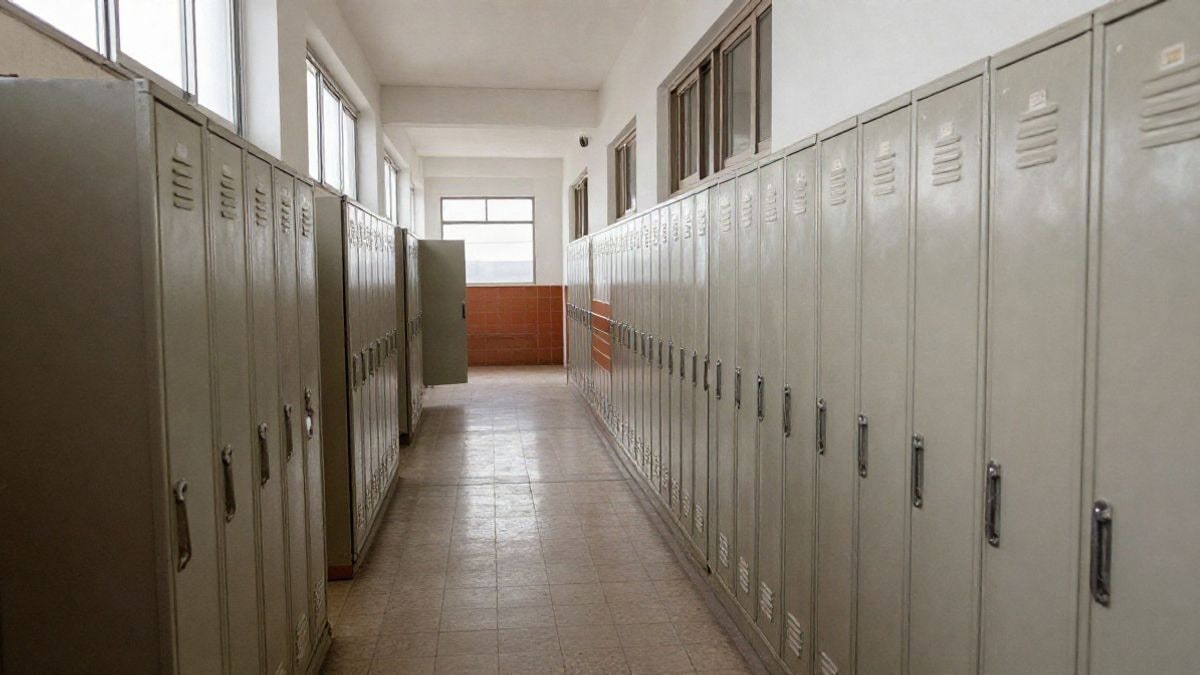 Imagen ilustrativa: pasillo de un colegio con taquillas y puertas de aula, vacío y con luz natural.