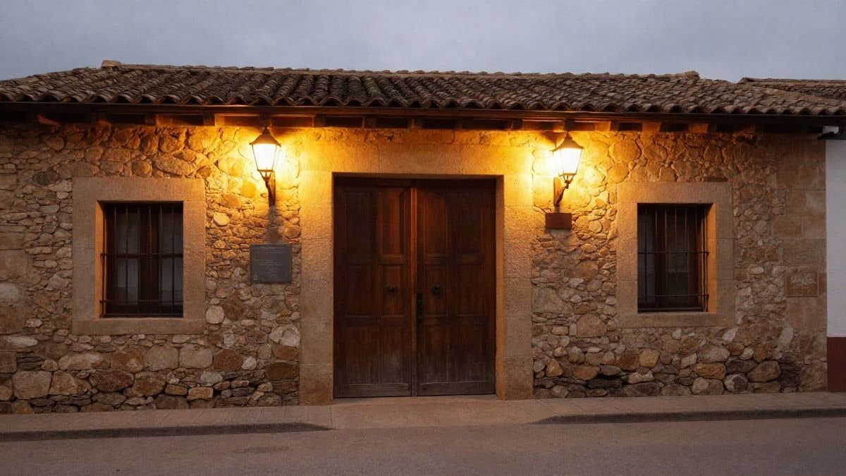 Illustrative image: facade of a rural museum illuminated with artificial light at dusk