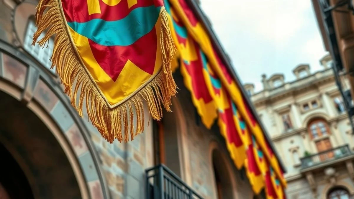 Imagen ilustrativa: un pendón festivo con flecos colgado de un balcón de un edificio histórico, con colores rojo, amarillo y azul, y un cielo nublado de fondo.