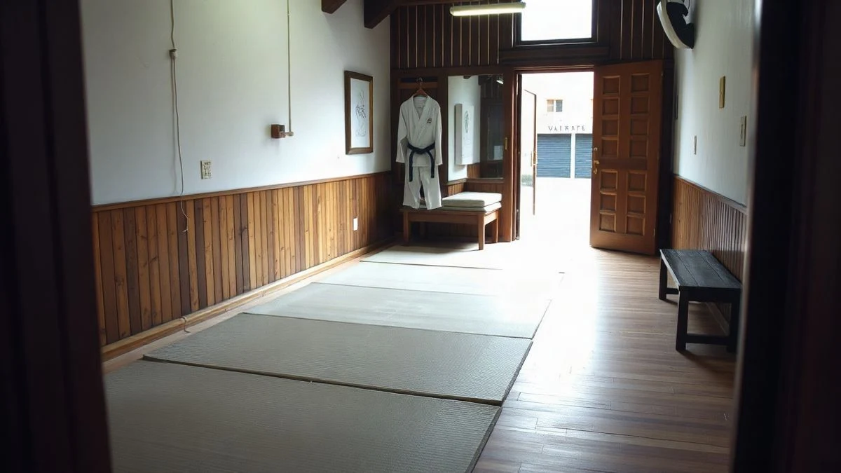 Imagen ilustrativa: un dojo vacío con tatami y un kimono colgado en la pared, iluminado por luz natural.