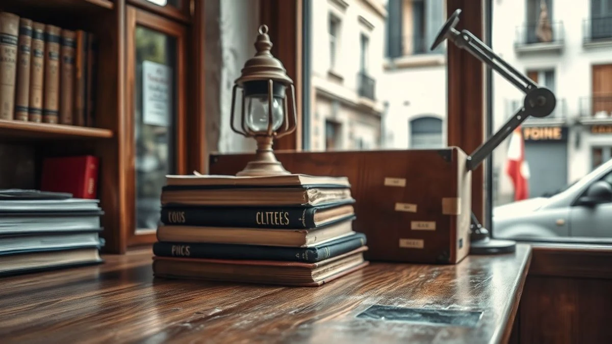 Imagen ilustrativa: escritorio de madera con libros antiguos y una lámpara en una biblioteca