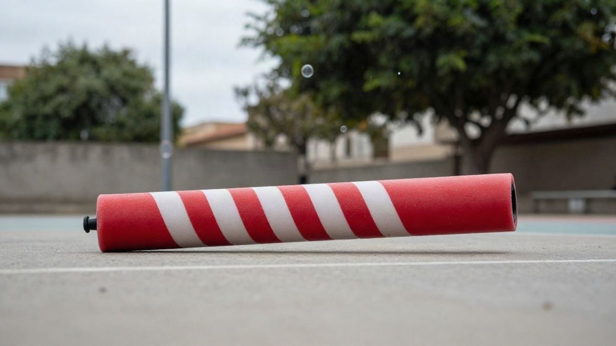 Illustrative image: foam cannon on an outdoor sports court, with bubbles in the air and trees in the background.