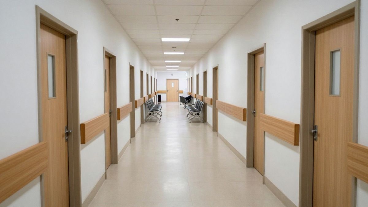 Illustrative image: hospital corridor with empty doors and waiting chairs