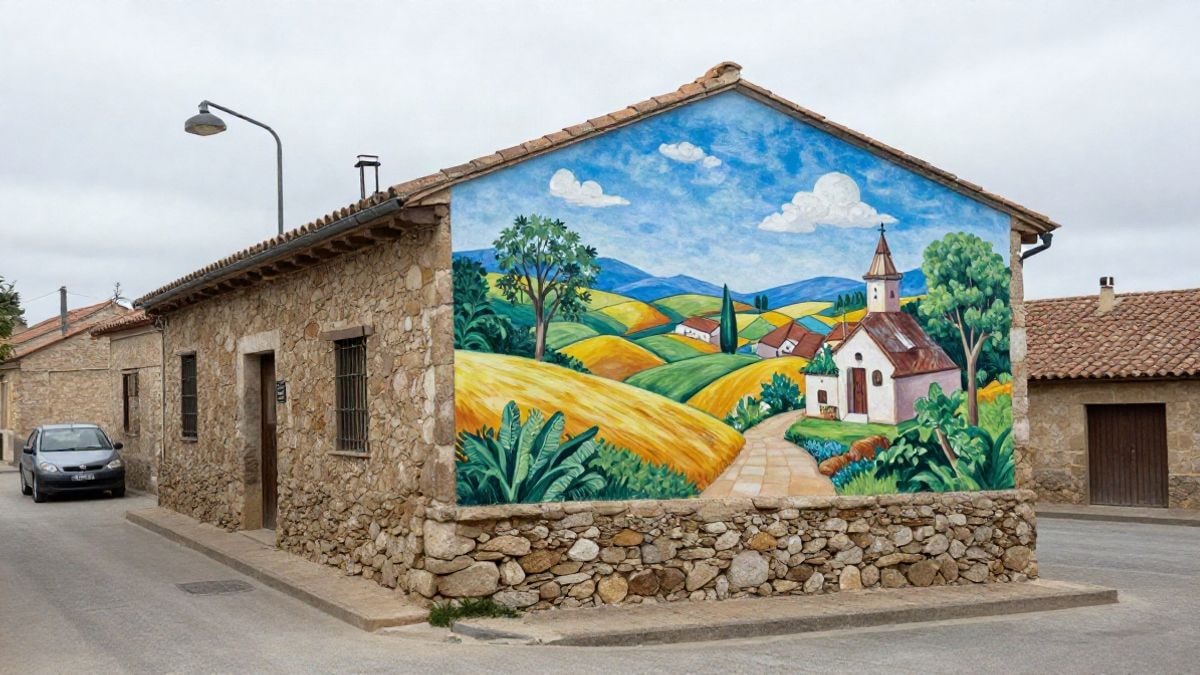 Imagen ilustrativa: un mural colorido en la fachada de una casa rural de piedra en un pueblo de la Sierra Norte.