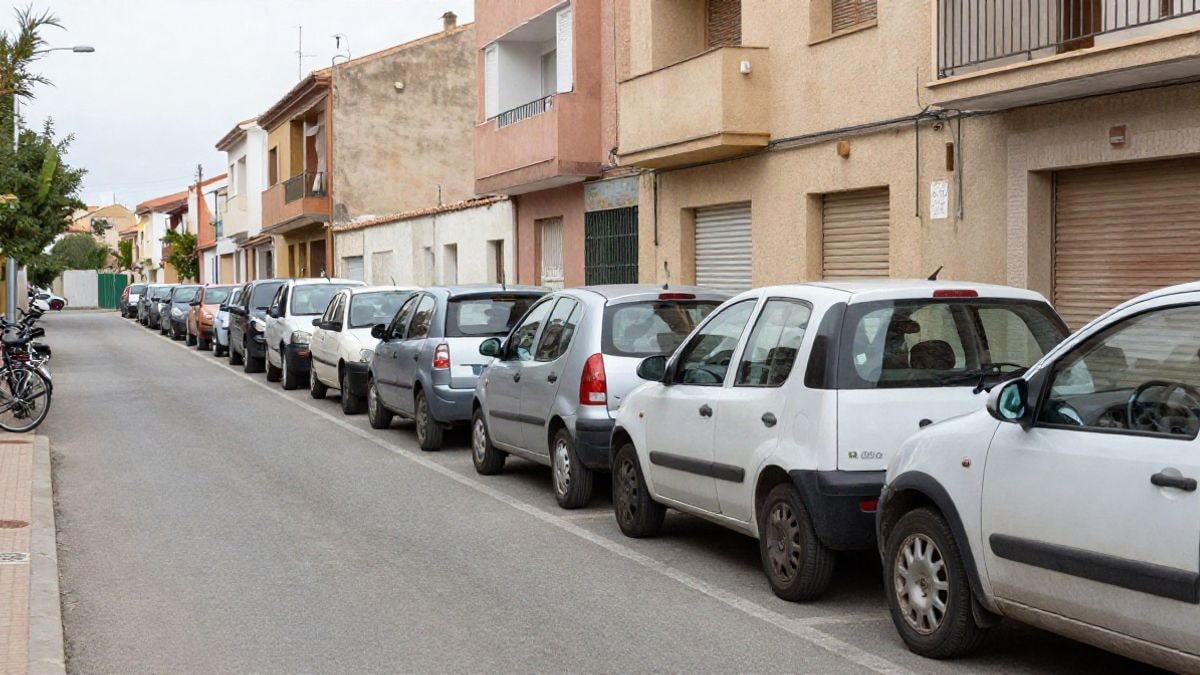 Imagen ilustrativa: coches compactos aparcados en batería en una calle residencial española