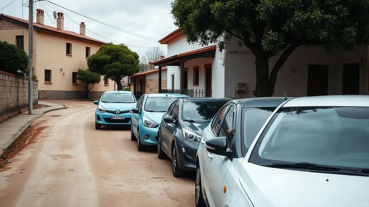 Illustrative image: a row of urban cars parked on a street in a Spanish village