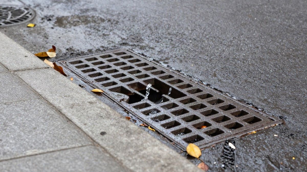 Imagen ilustrativa: primer plano de una rejilla de alcantarillado en una calle mojada con hojas y agua acumulada