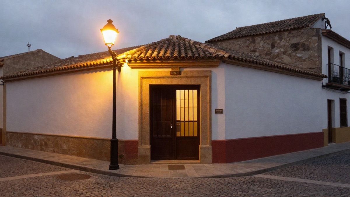 Imagen ilustrativa: entrada de un centro juvenil municipal iluminada por una farola en una calle de pueblo