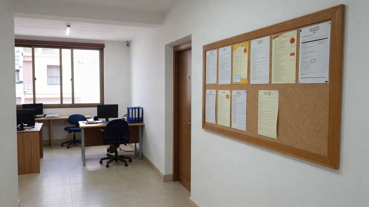 Imagen ilustrativa: un pasillo de oficina municipal con un tablón de anuncios y escritorios vacíos.