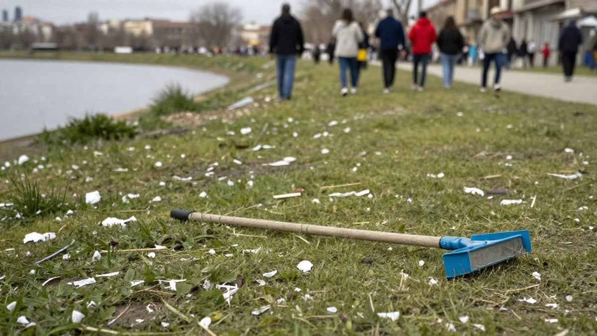 Imagen ilustrativa: orilla de un embalse con residuos dispersos y una herramienta de recogida sobre la hierba
