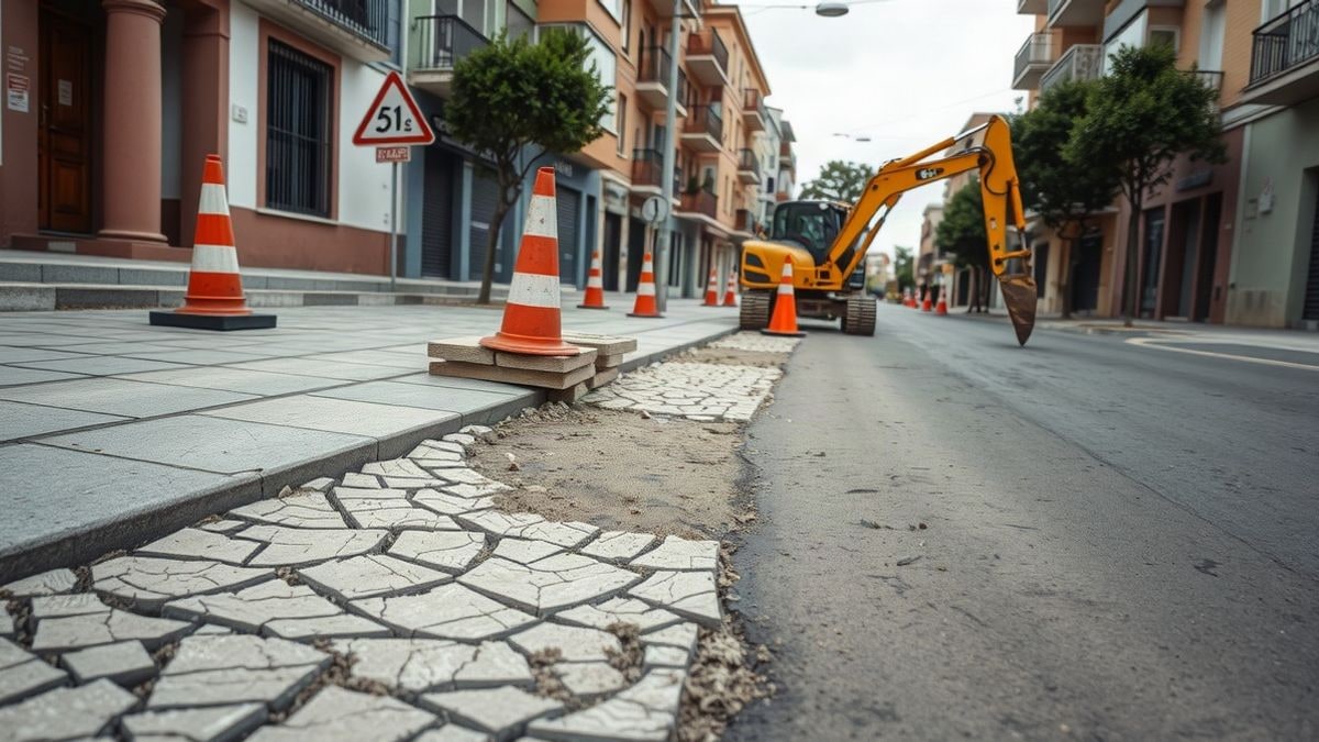 Imagen ilustrativa: calle en obras con acera levantada y material de construcción apilado, sin personas.