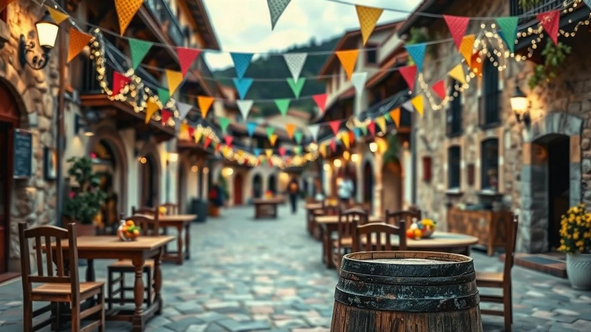 Illustrative image: a Spanish village square decorated with bunting and lights for a local festival.