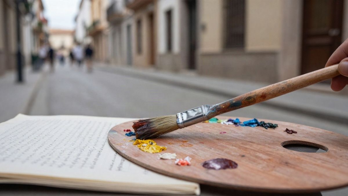 Imagen ilustrativa: pincel y paleta de pintor junto a un manuscrito sobre una mesa