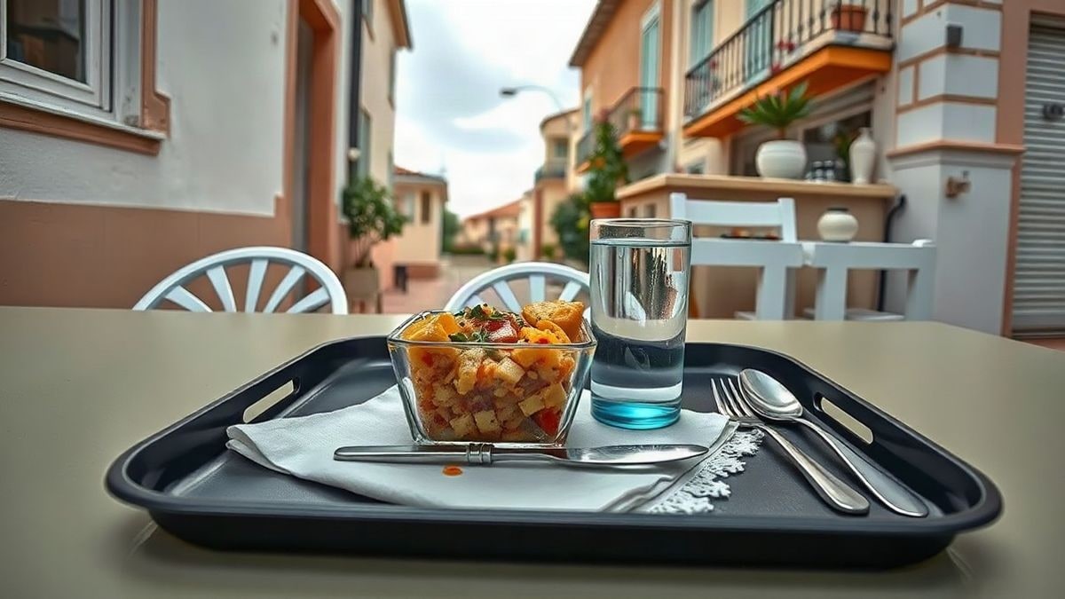 Imagen ilustrativa: bandeja de comida saludable con un plato tapado y un vaso de agua sobre una mesa de cocina luminosa.