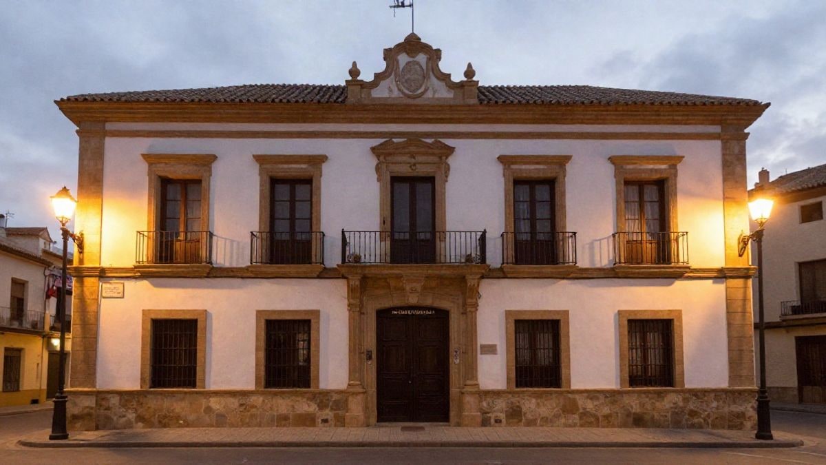 Imagen ilustrativa: fachada de un edificio consistorial genérico iluminado por farolas nocturnas