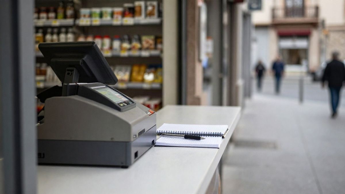 Imagen ilustrativa: mostrador de un pequeño comercio con caja registradora y cuaderno de notas