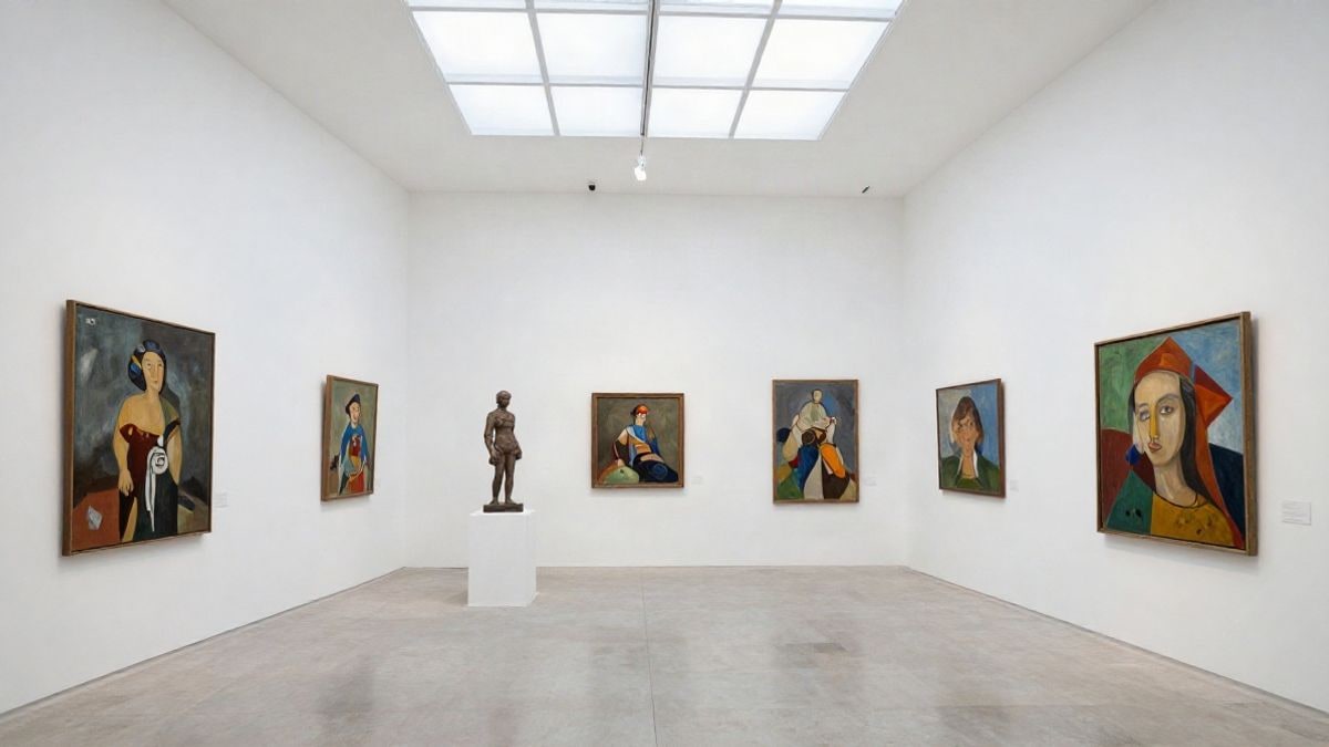 Imagen ilustrativa: sala de exposiciones con obras de arte colgadas en las paredes y esculturas, visitantes de espaldas contemplando las piezas.