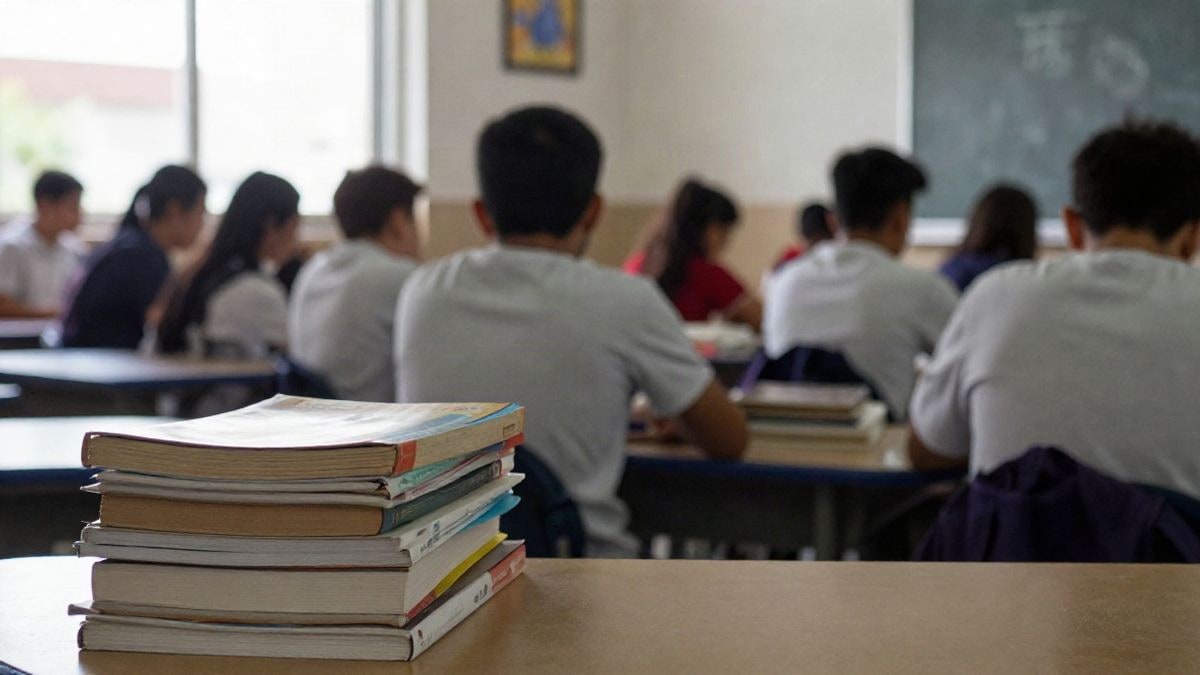 Imagen ilustrativa: pasillo de un colegio con mochilas y libros sobre una mesa, sin personas.