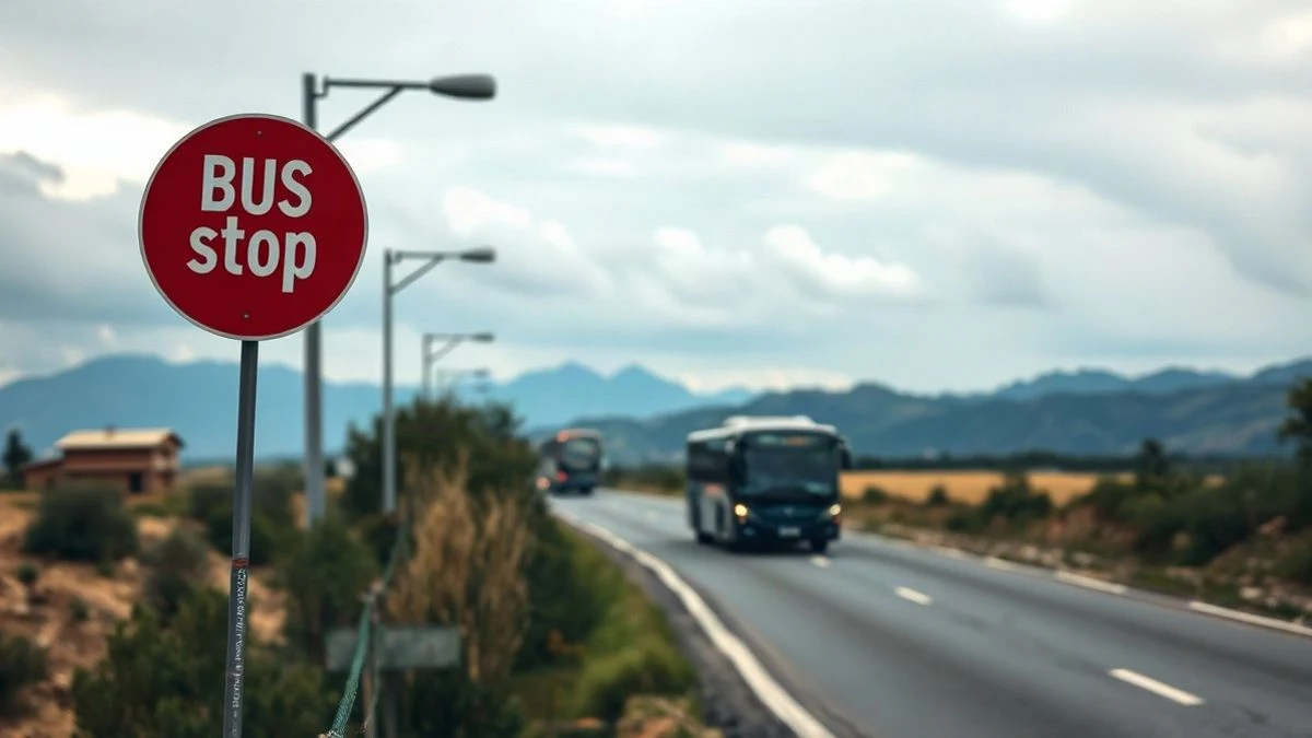 Illustrative image: a bus stop on a rural road in the Sierra Norte, with a bus in the distance and mountains in the background