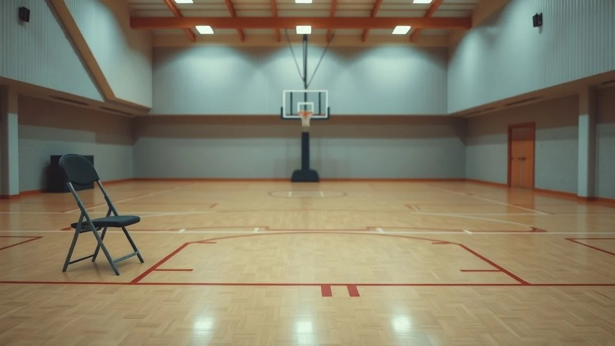 Imagen ilustrativa: pista polideportiva municipal vacía con suelo de madera y canasta de baloncesto al fondo.