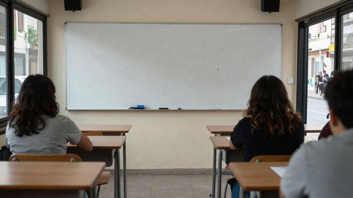 Illustrative image: training classroom with empty desks and a blackboard in the background