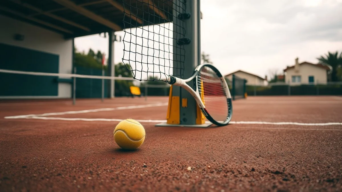 Imagen ilustrativa: pista de tenis con red y una pelota en el suelo, vista a nivel de calle.