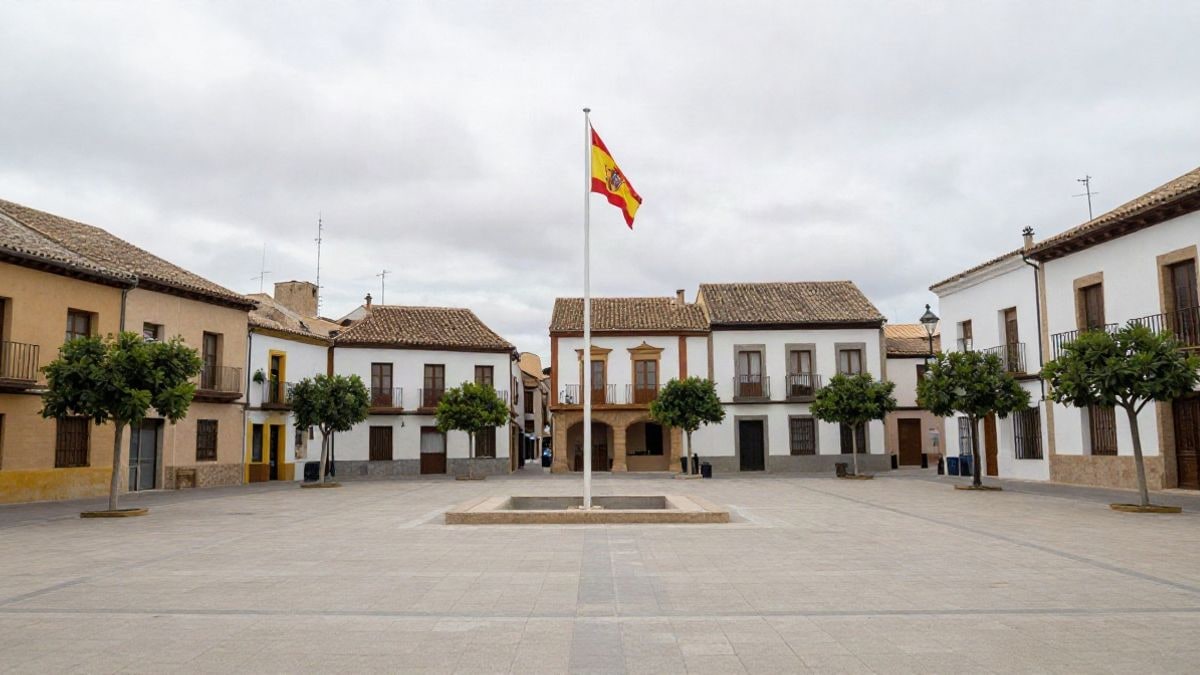 Imagen ilustrativa: plaza de un pueblo español con una bandera ondeando en un mástil.