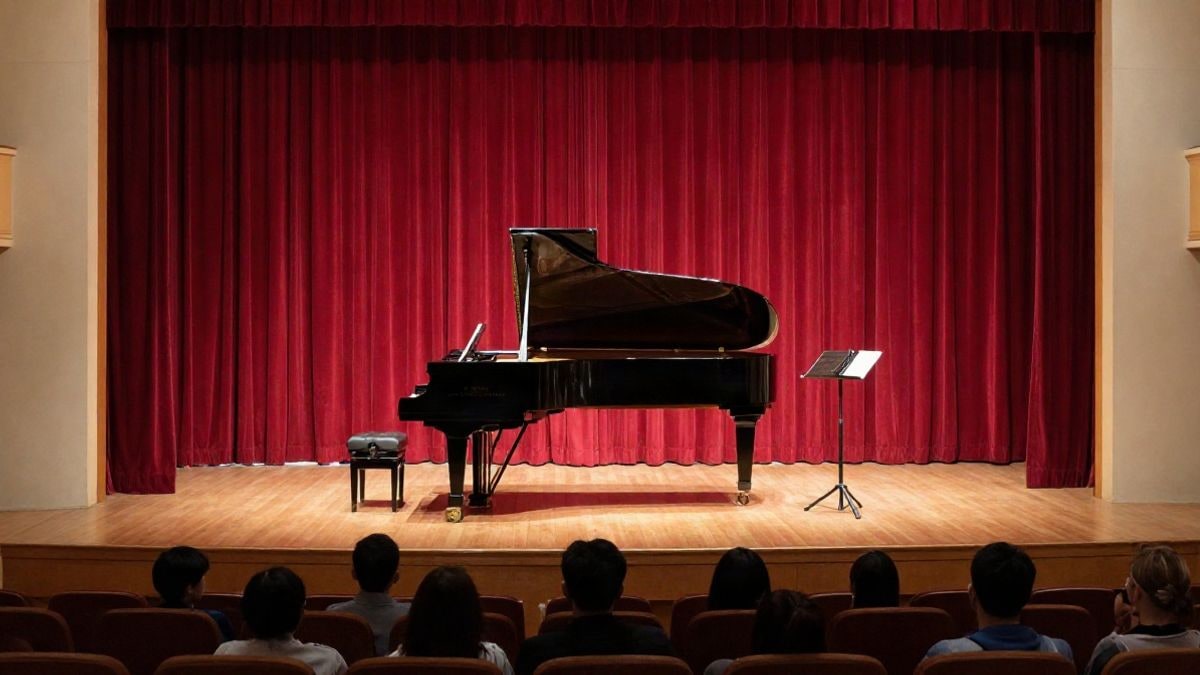 Imagen ilustrativa: un piano de cola en un escenario teatral con telón rojo y atril con partitura