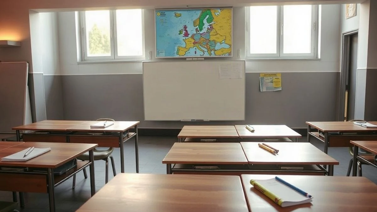 Imagen ilustrativa: un aula de educación de adultos con pupitres vacíos y una pizarra con un mapa de Europa, iluminada por luz natural.