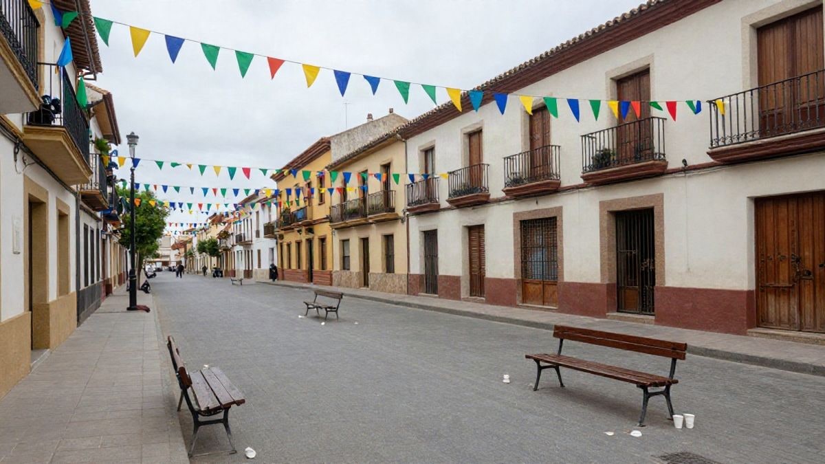 Imagen ilustrativa: calle de un pueblo español con guirnaldas de colores y restos de la fiesta por la mañana