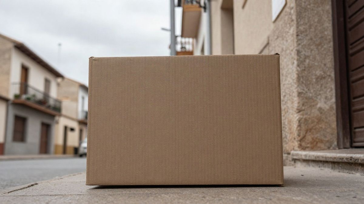 Imagen ilustrativa: una caja de cartón de un pedido en el umbral de una vivienda, con cielo nublado al fondo